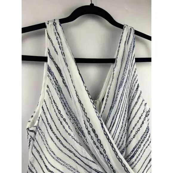 DKNY Wrap Dress, Blue White Chain Stripe, Sleeveless, Belted Asymmetrical Hem - Picture 3 of 13